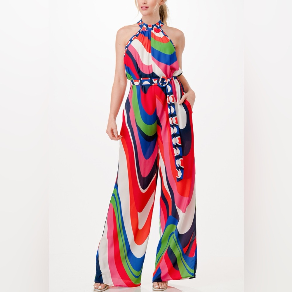 Bright Multi-Color Wide-Leg Jumpsuit with Belt